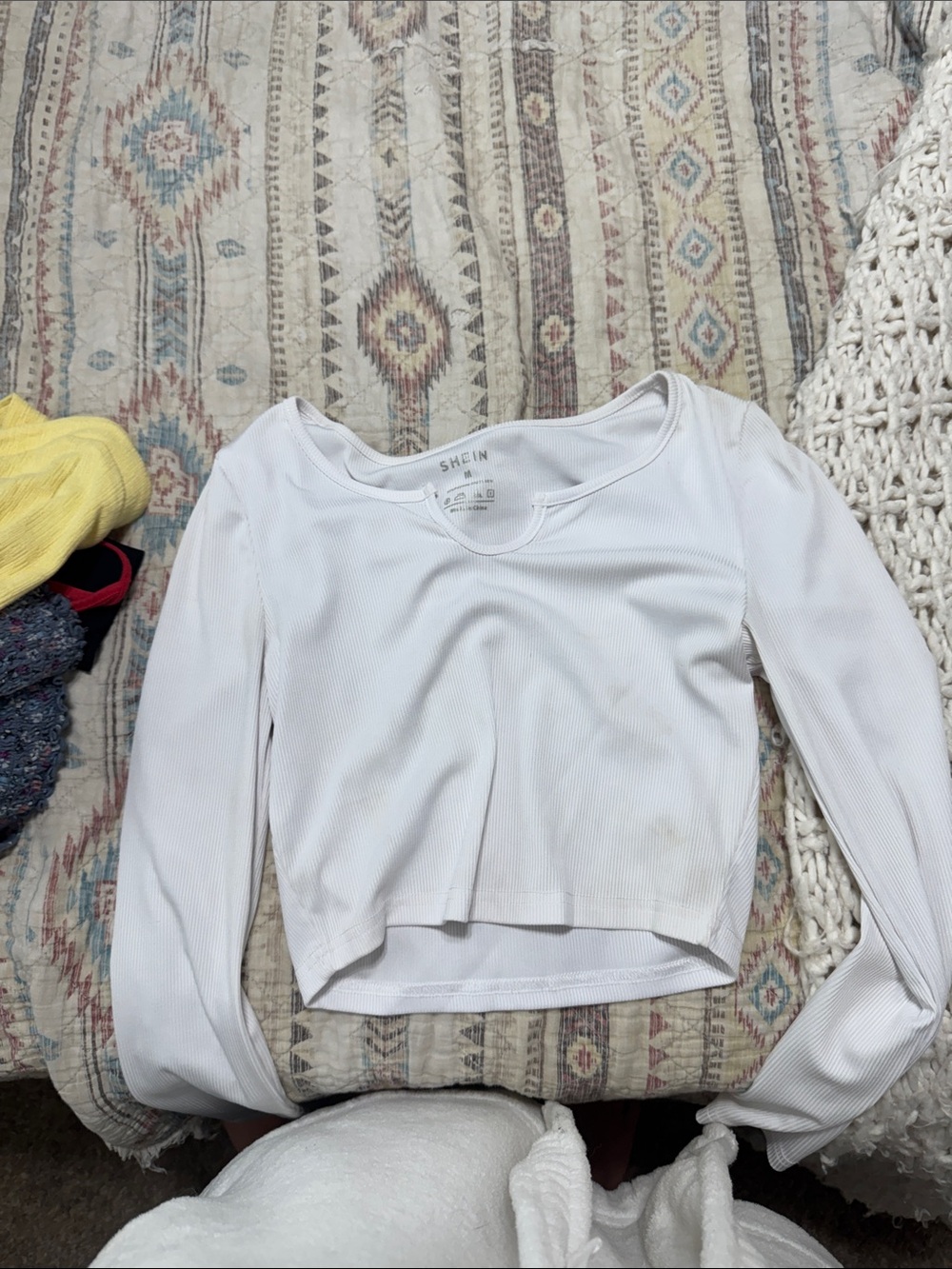 SHEIN White Ribbed Long-Sleeve Scoop Neck Crop Top